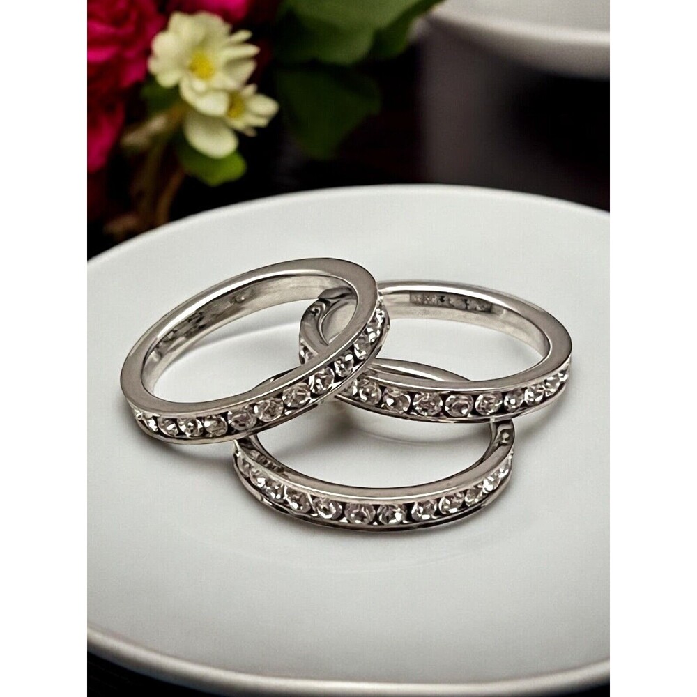 New Boutique Ring Set Size 9 Stackable Bands Clear Crystals - 2P